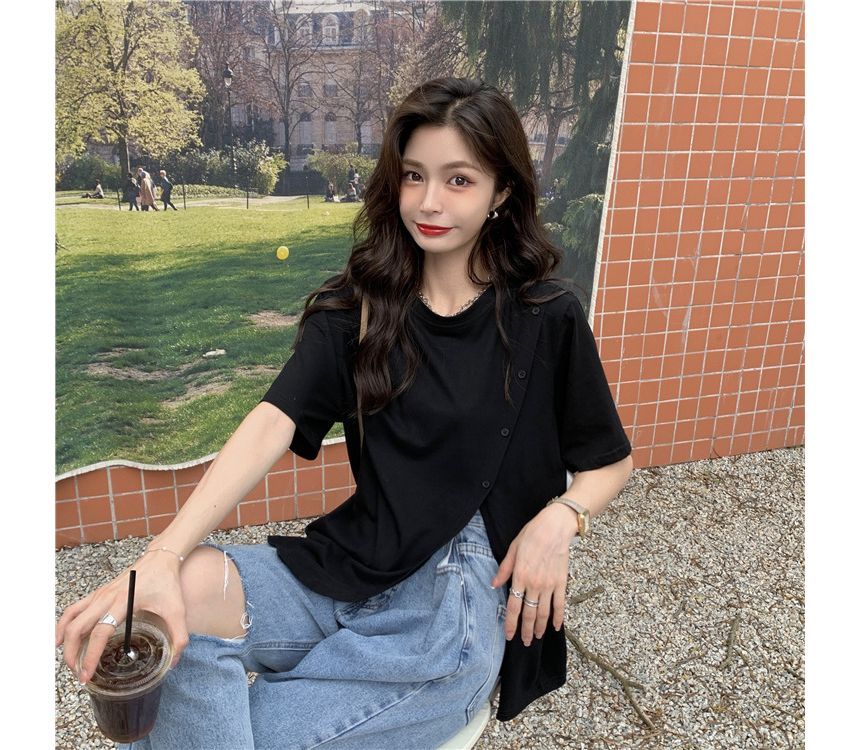 Neck Plain Crew Short-Sleeve Tee Side-Slit