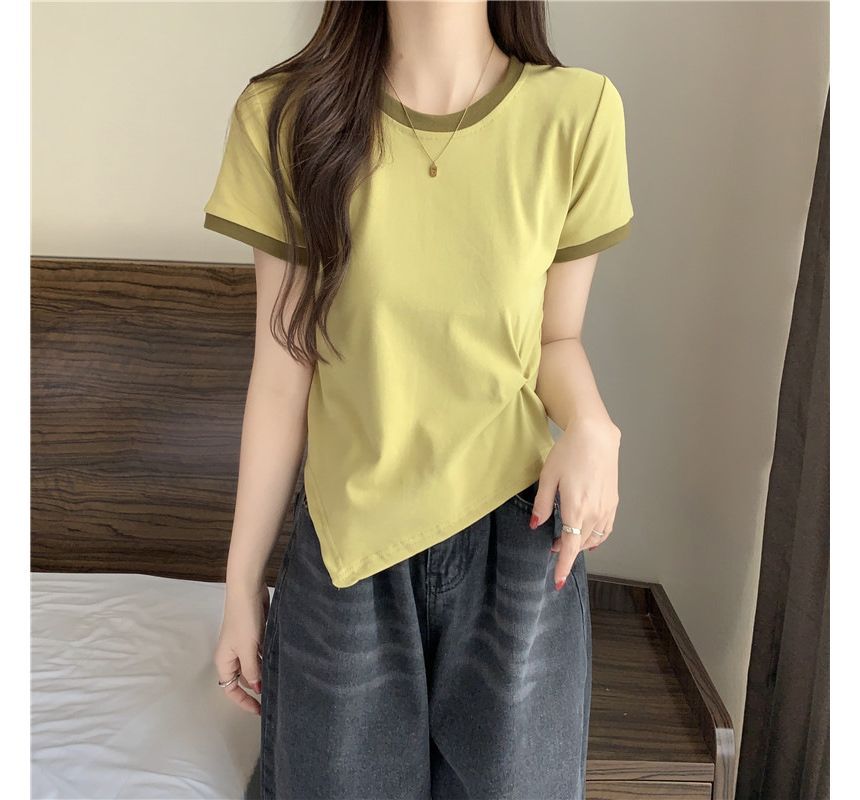 Contrast Neck Asymmetrical Tee Short-Sleeve Trim Crew Plain