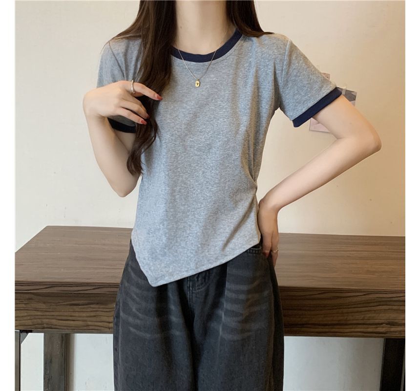 Contrast Neck Asymmetrical Tee Short-Sleeve Trim Crew Plain