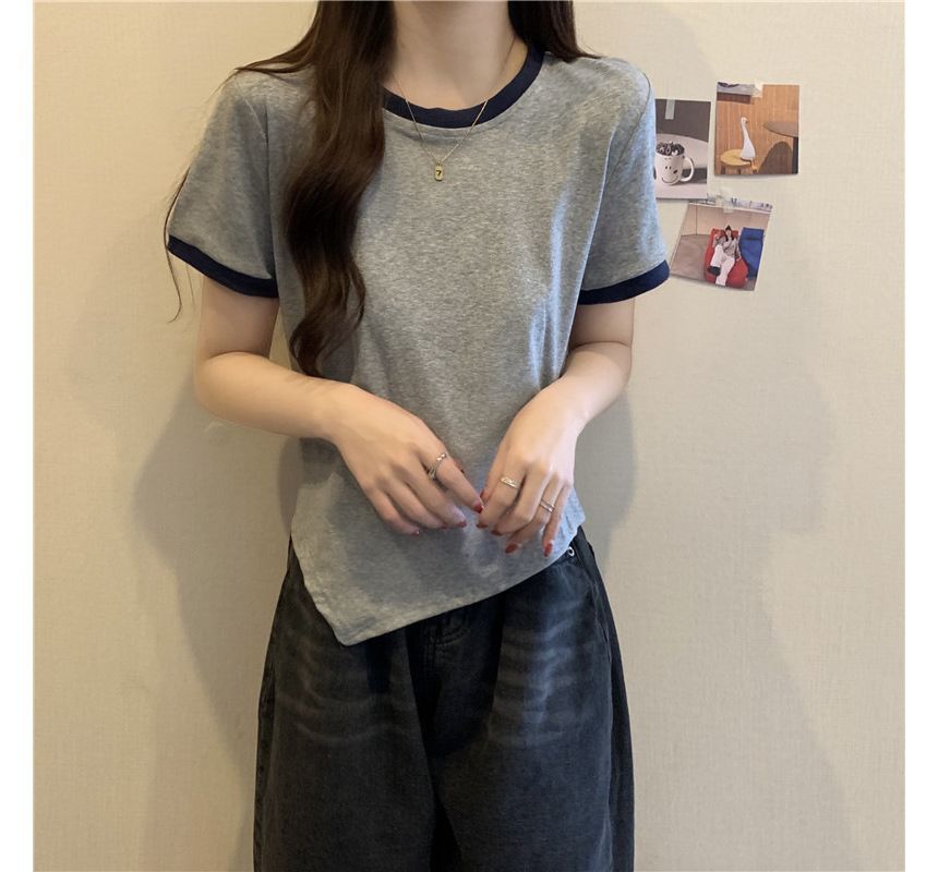 Contrast Neck Asymmetrical Tee Short-Sleeve Trim Crew Plain