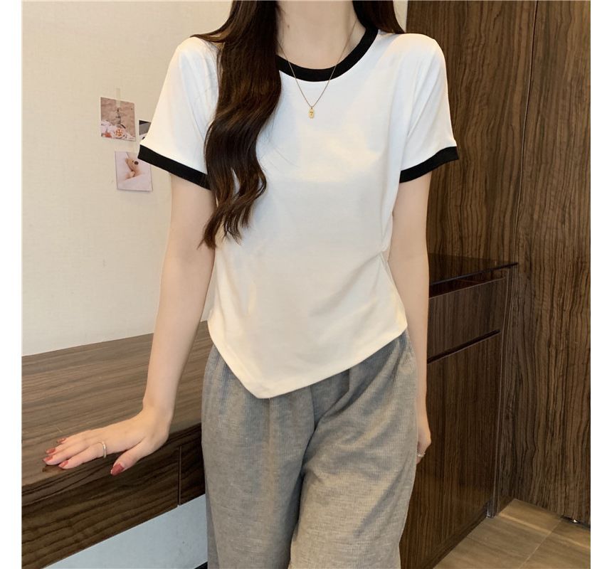 Contrast Neck Asymmetrical Tee Short-Sleeve Trim Crew Plain