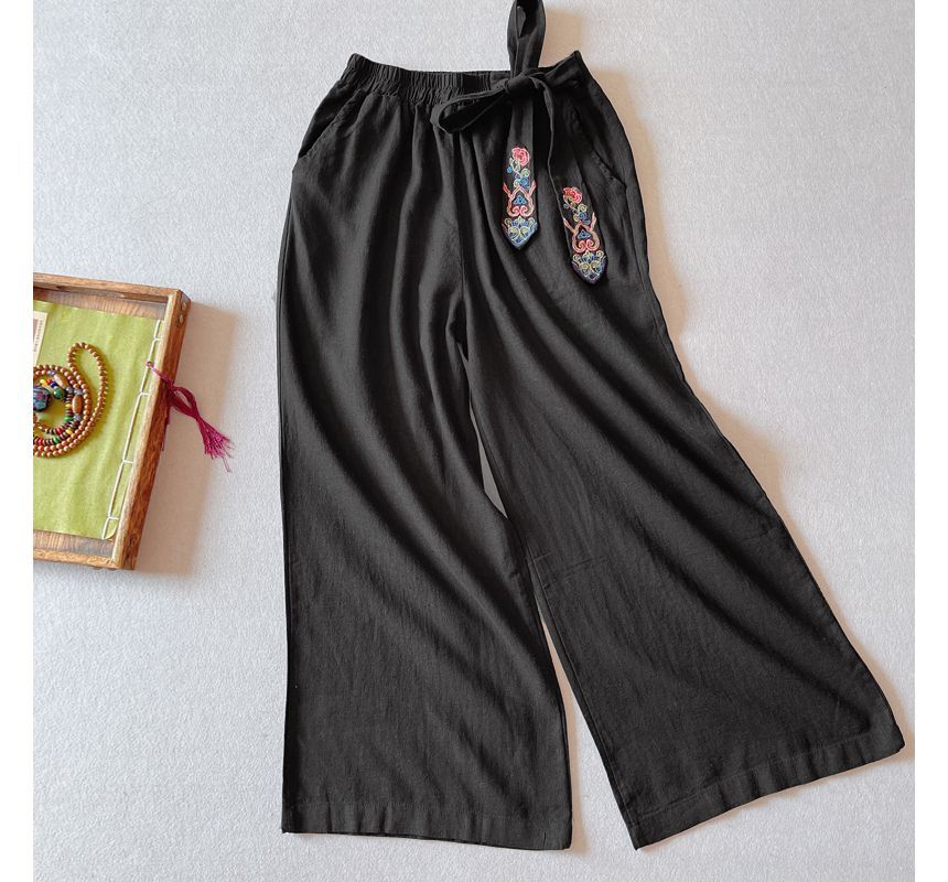 Elastic Waist Embroidered Wide Leg Pants