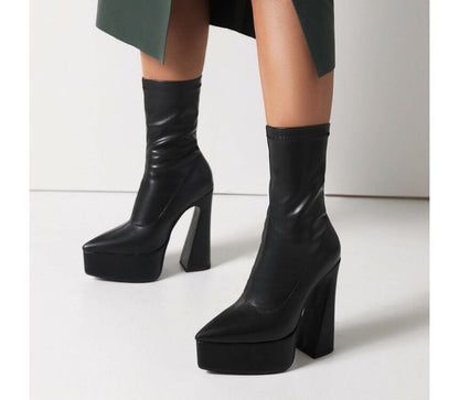 Pointed Toe Platform High Heel Short Boots