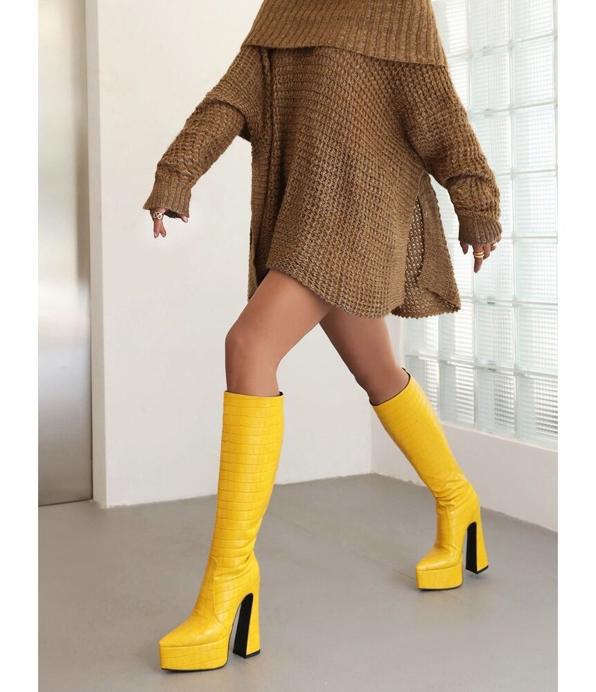 Crocodile Grain Pointed Toe Platform High Heel Knee High Boots