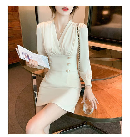 Puff-Sleeve V-Neck Double-Breasted Mini Bodycon Dress