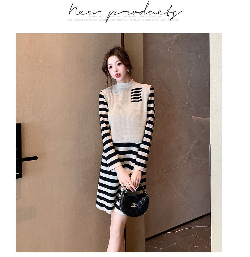 Set: Long-Sleeve High Neck Striped Mini Knit Dress + High Neck Paneled Sweater Vest