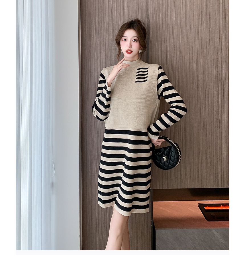 Set: Long-Sleeve High Neck Striped Mini Knit Dress + High Neck Paneled Sweater Vest