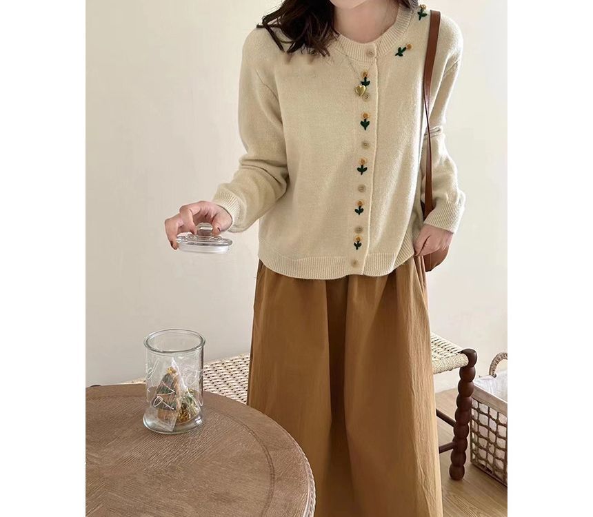 Neck Floral Crew Cardigan Plain