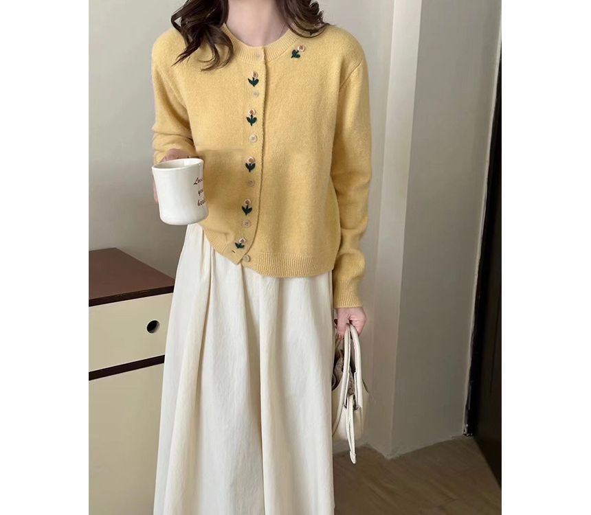 Neck Floral Crew Cardigan Plain