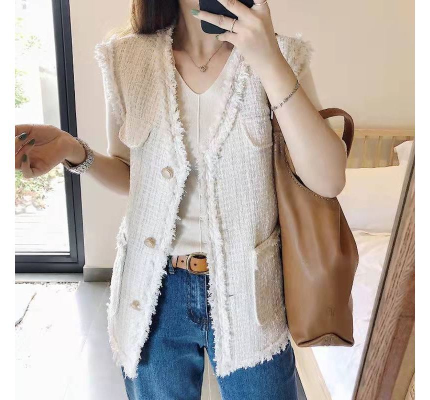 V-Neck Tweed Tassel Trim Button-Up Vest