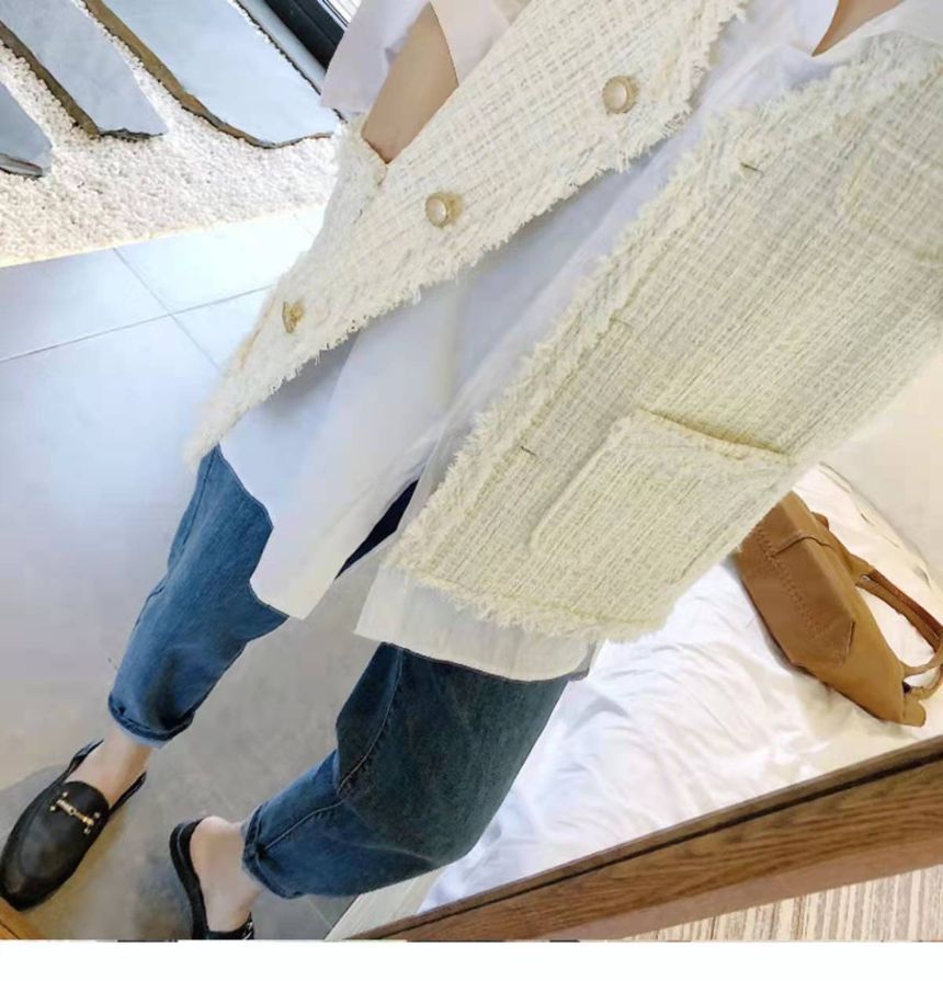 V-Neck Tweed Tassel Trim Button-Up Vest