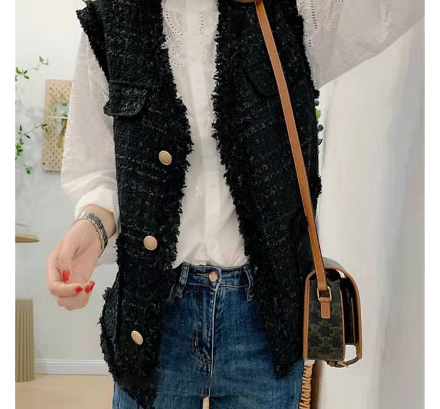 V-Neck Tweed Tassel Trim Button-Up Vest
