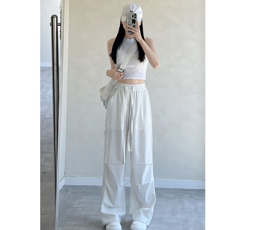 High Rise Drawstring Plain Wide Leg Parachute Cargo Sweatpants