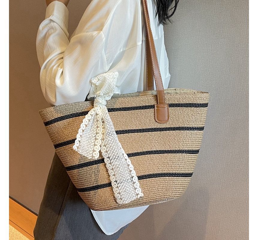 Set: Striped Straw Tote Bag + Lace Strap