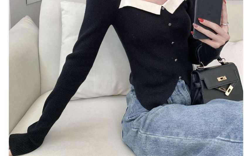 Square-Neck Slim-Fit Top Puff-Sleeve Knit