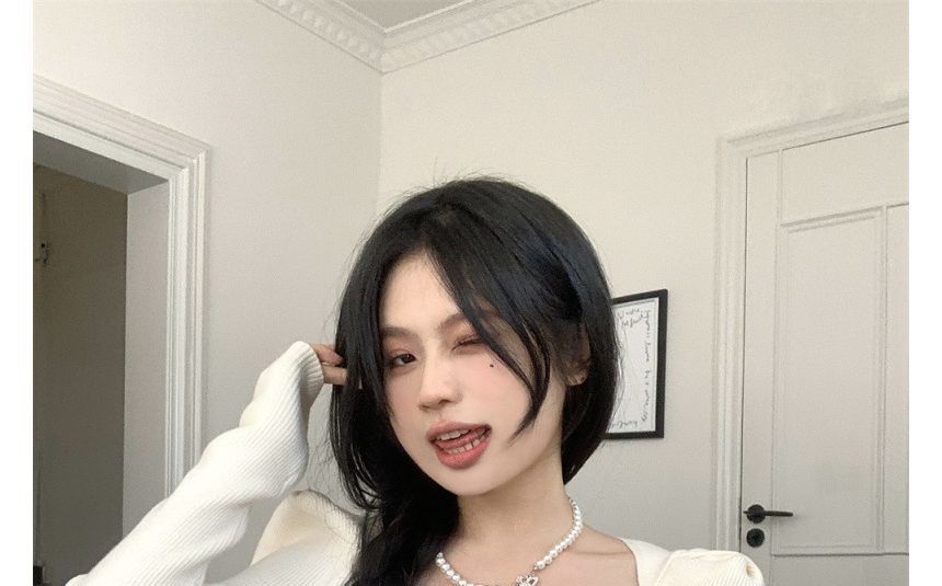 Square-Neck Slim-Fit Top Puff-Sleeve Knit