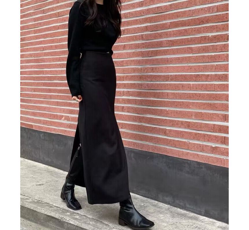 High Rise Plain Asymmetrical Slit Maxi Pencil Skirt