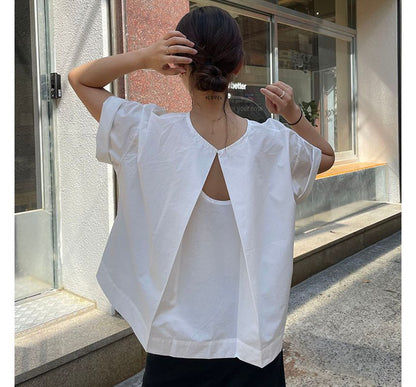 Short-Sleeve Crew Neck Plain Open Back Blouse