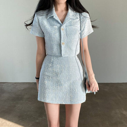 Set: Short-Sleeve Collar Tweed Crop Button-Up Jacket + High Rise Mini A-Line Skirt