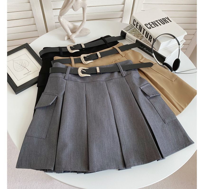 Set: High Waist Plain Pleated Mini A-Line Cargo Skirt + Faux Leather Belt