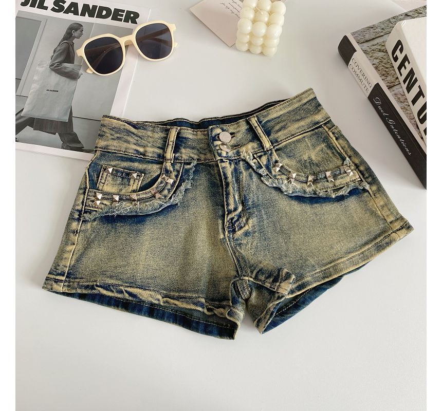 High Waist Washed Studded Denim Shorts