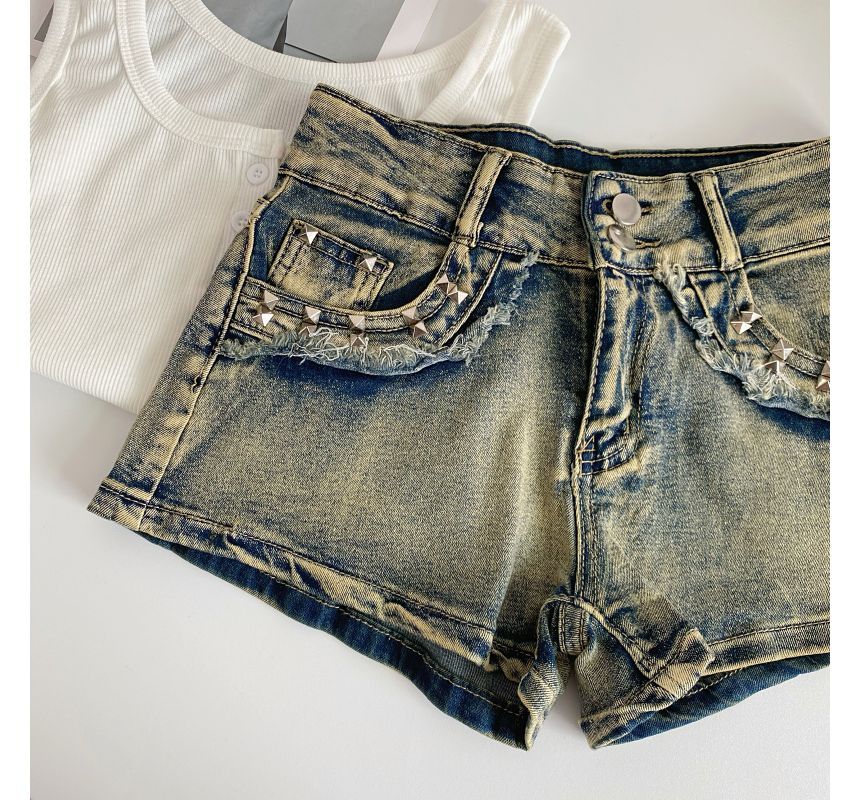 High Waist Washed Studded Denim Shorts