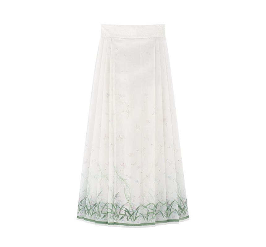 Traditional Chinese Set: 3/4-Sleeve Collared Embroidered Print Panel Tie Front Blouse + High Rise Pleated Maxi A-Line Skirt