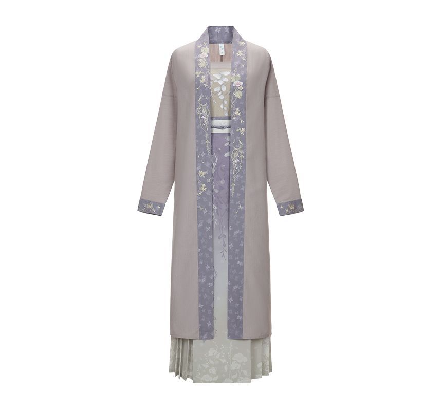 Traditional Chinese Embroidered Camisole Top / High Rise Print Pleated Maxi A-Line Wrap Skirt / Open Front Long Jacket / Set