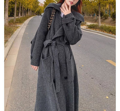 Plain Midi Knit Double-Breasted Trench Coat