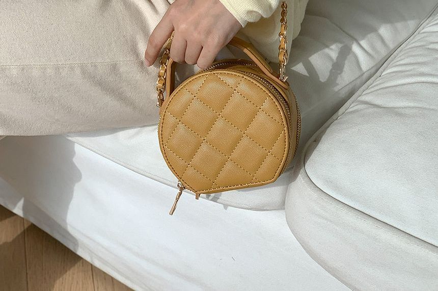 Faux Leather Quilted Round Crossbody Bag