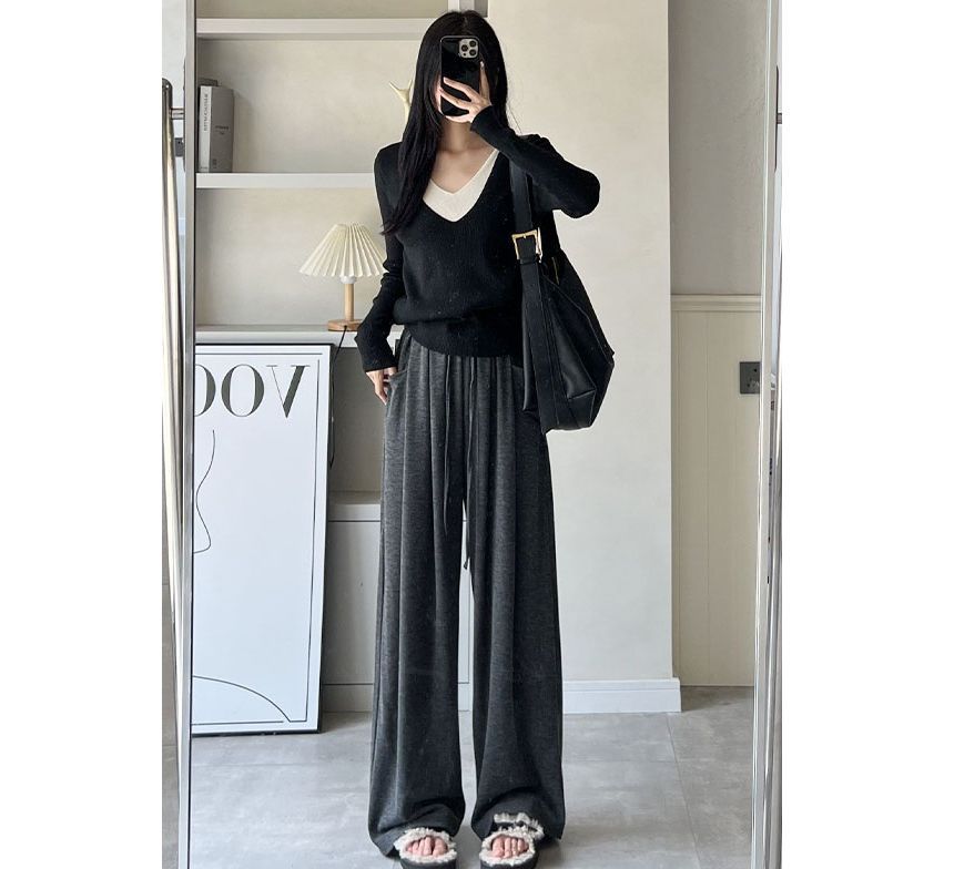 High Rise Drawstring Pocketed Drape Knit Wide Leg Plain Sweatpants