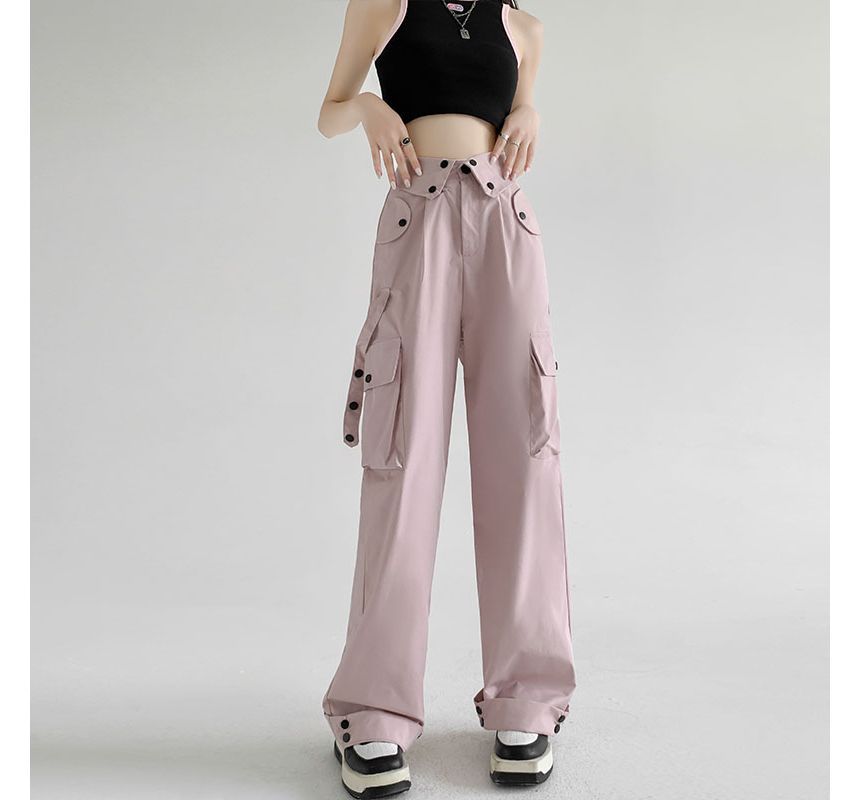 Waist Detailed Pocketed High Waist Plain Wide Leg Cargo Pants