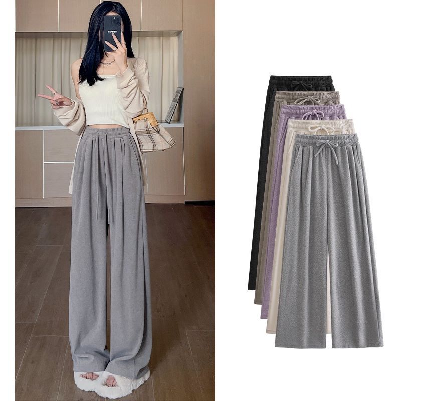 High Rise Plain Drawstring Drape Wide Leg Sweatpants