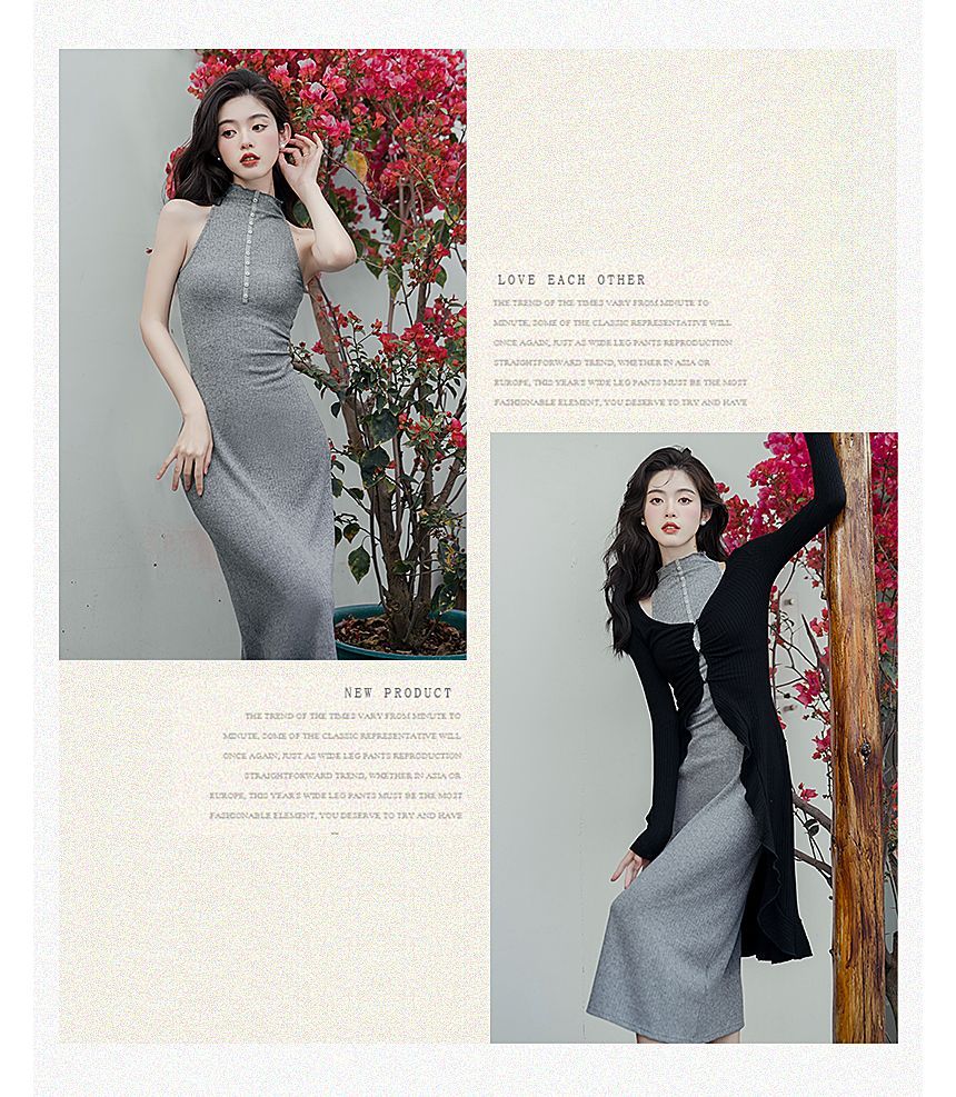 Sleeveless Mock Neck Plain Midi Sheath Dress / Plain Long Cardigan / Set