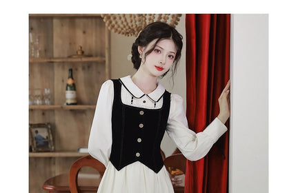 Long-Sleeve Collared Contrast Trim Midi A-Line Dress / Square Neck Plain Lace Trim Button-Up Crop Vest / Set