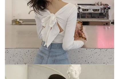 Long-Sleeve V-Neck Plain Bow Back T-Shirt