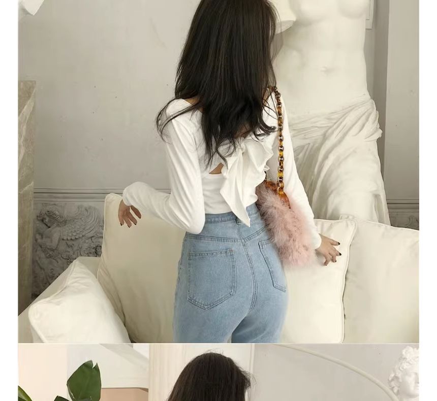 Long-Sleeve V-Neck Plain Bow Back T-Shirt