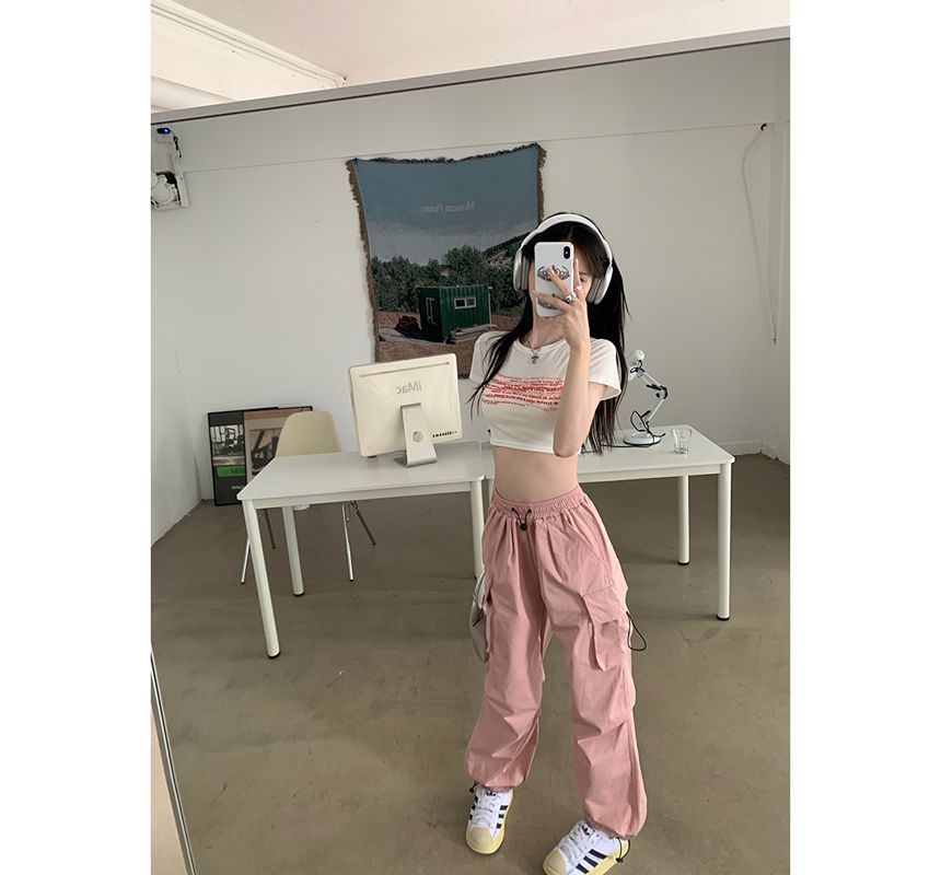 Mid Waist Plain Drawstring Cargo Baggy Pants