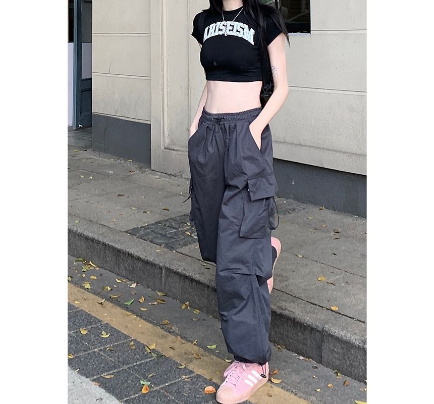 Mid Waist Plain Drawstring Cargo Baggy Pants