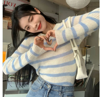 Crew Neck Striped Heart Cutout Sweater