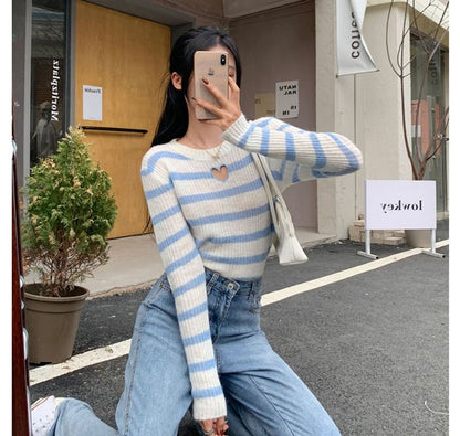 Crew Neck Striped Heart Cutout Sweater