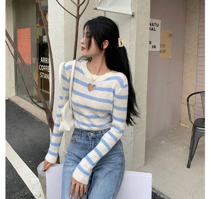 Crew Neck Striped Heart Cutout Sweater