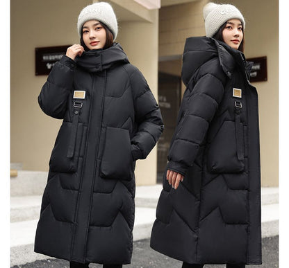 Lettering Applique Hooded Midi Zip Puffer Coat