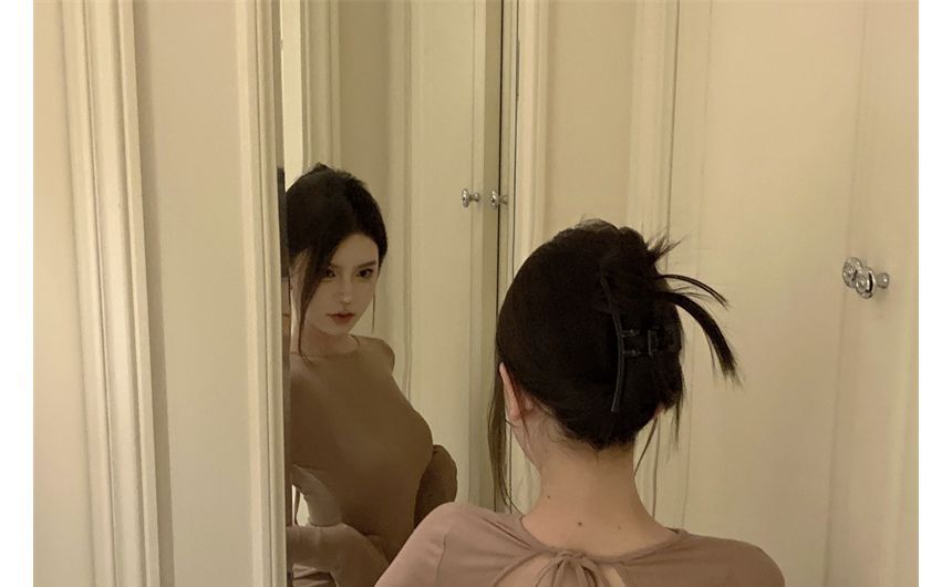 Plain Dress Crew Mini Back Neck Long-Sleeve Open Sheath