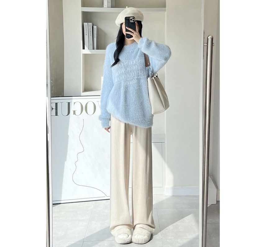 High Rise Wide Leg Plain Knit Sweatpants