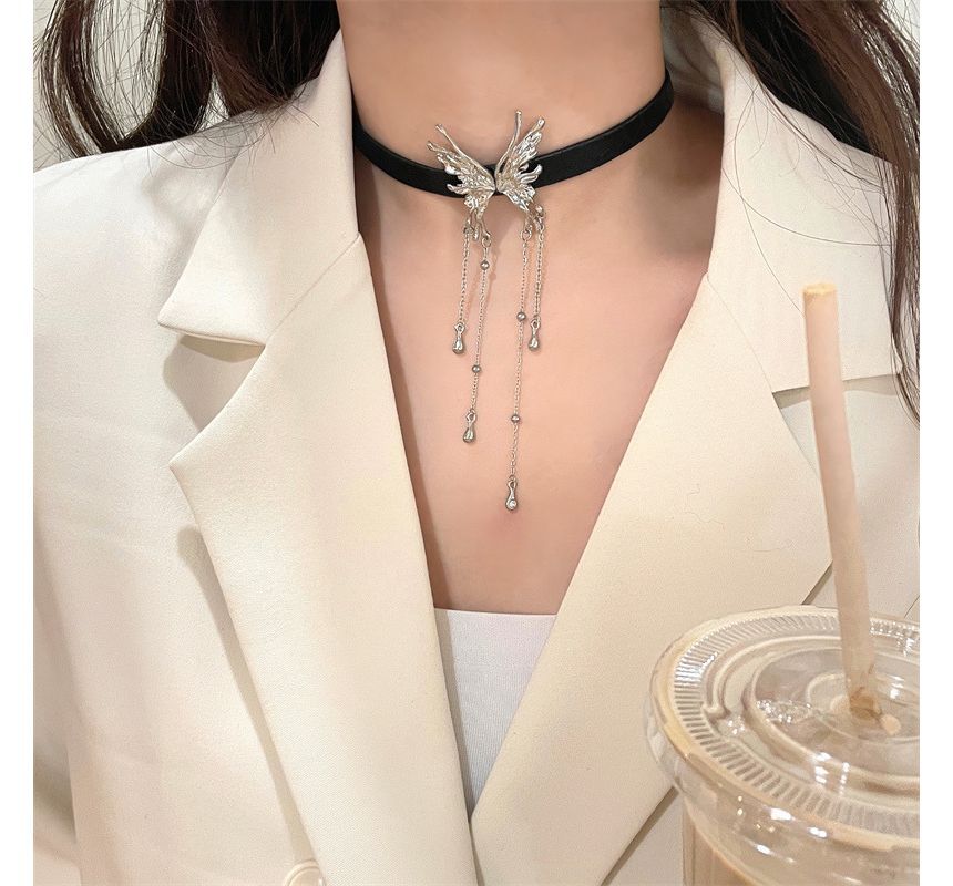 Choker Rhinestone Leather Butterfly Fringed Faux