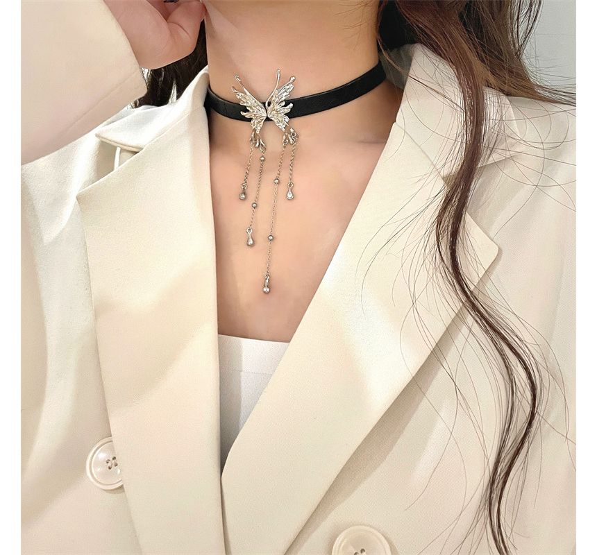 Choker Rhinestone Leather Butterfly Fringed Faux