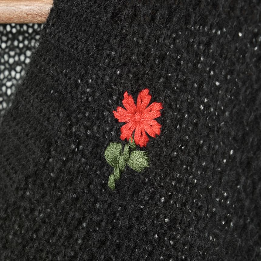 Top Embroidered Neck Knit Floral + Cardigan Crop Square Tank Set: