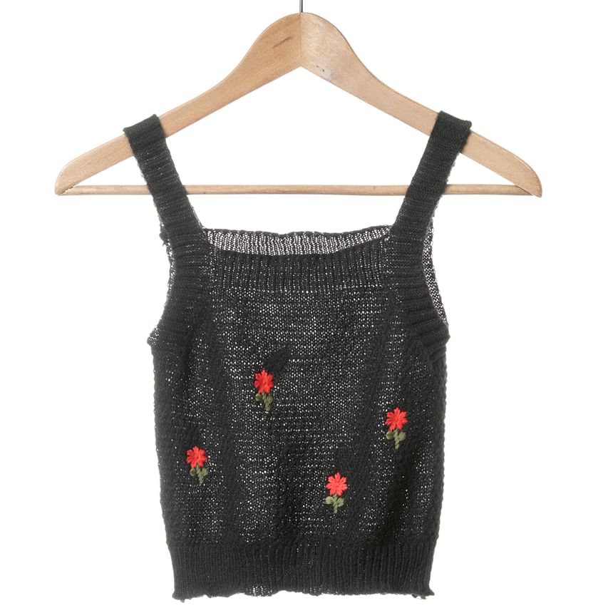 Top Embroidered Neck Knit Floral + Cardigan Crop Square Tank Set: