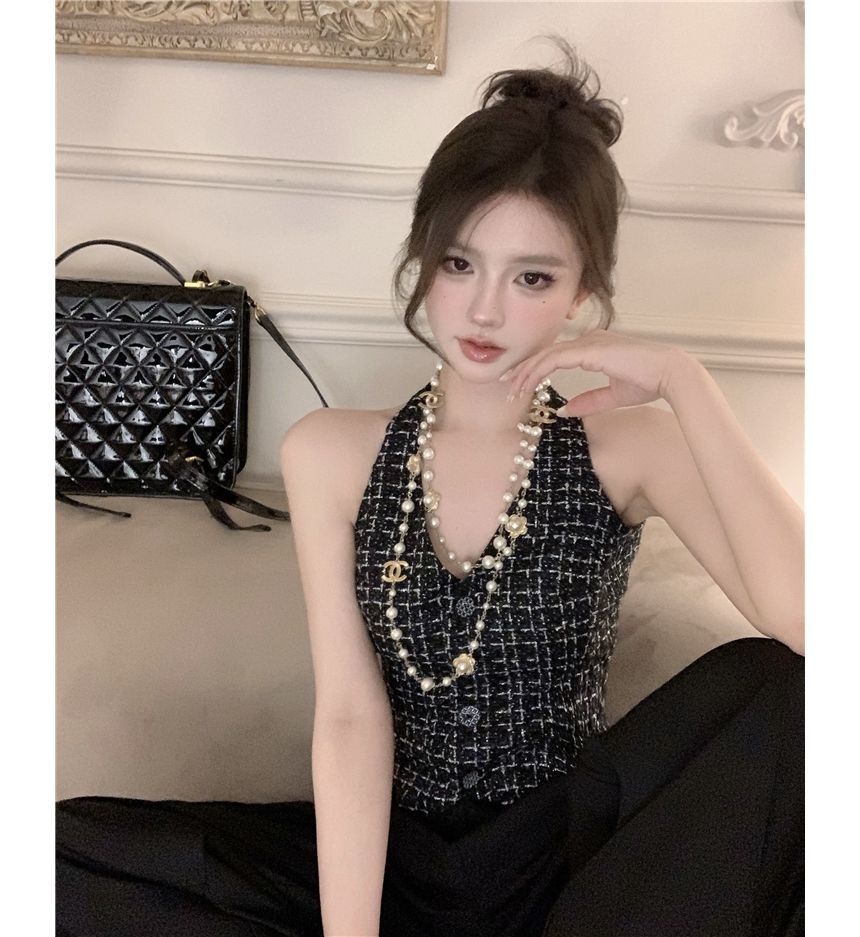 Halter Neck Plaid Tweed Button-Up Crop Vest